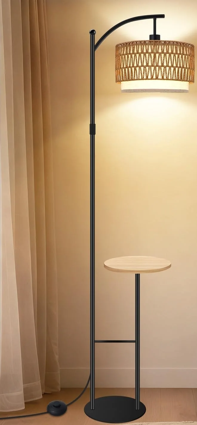 Vinaco Rattan Floor Lamp with Side Table